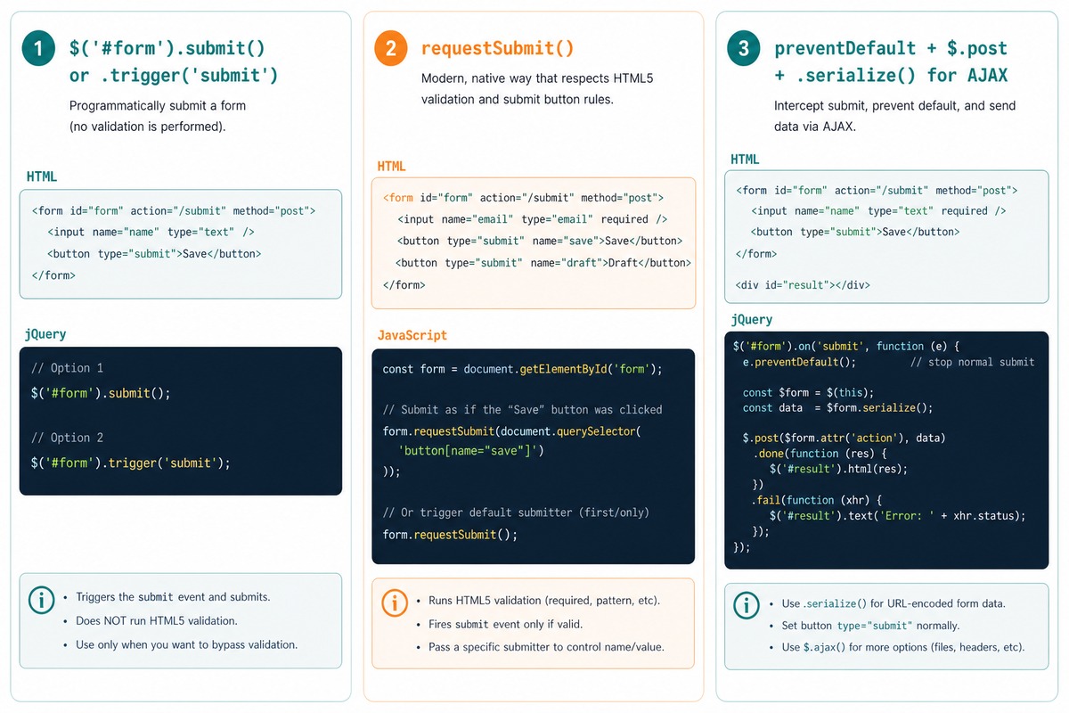 Submit form with jQuery — .submit(), .trigger('submit'), requestSubmit() with validation, AJAX with preventDefault