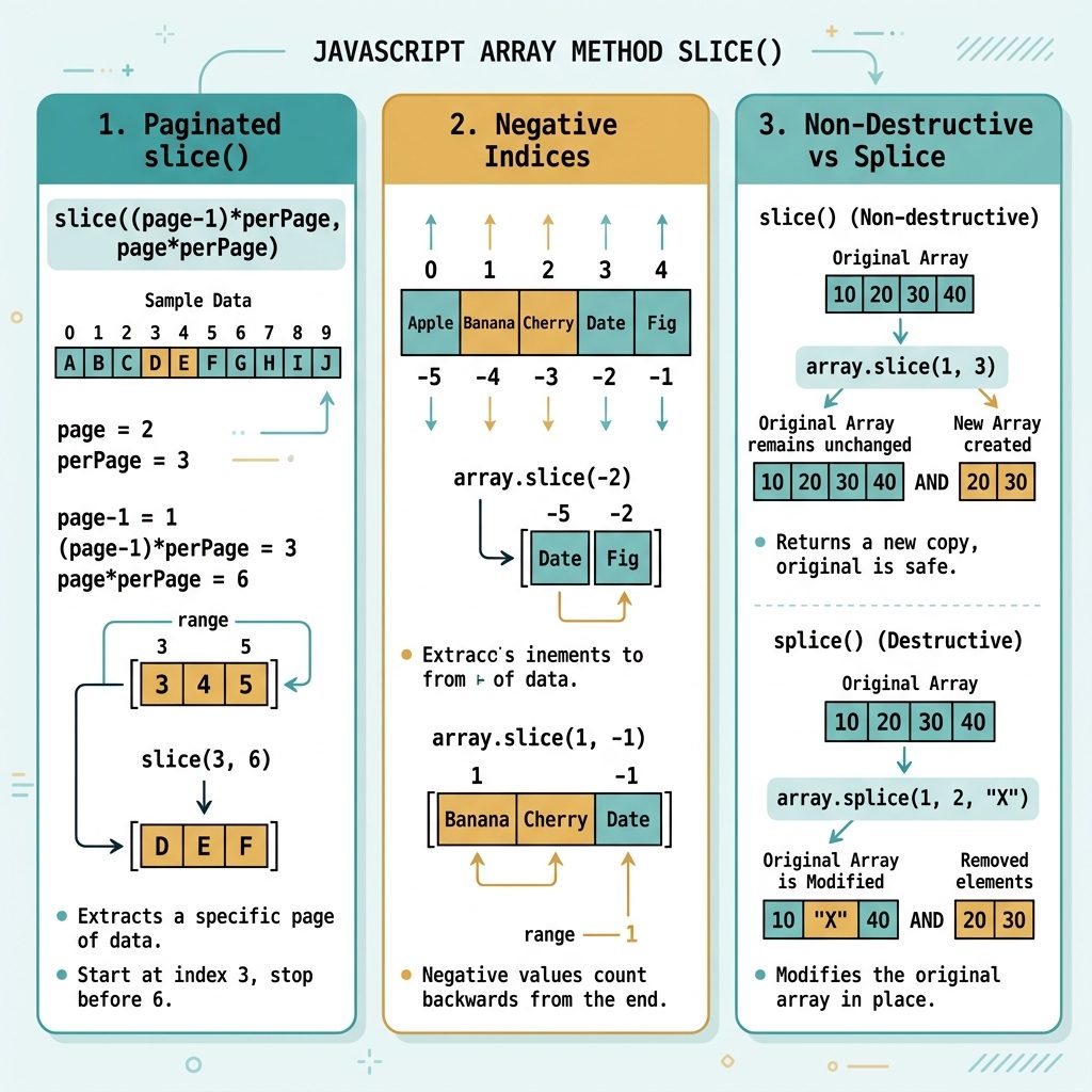 JS array slice for pagination — start/end formula, negative indices, last-N helper