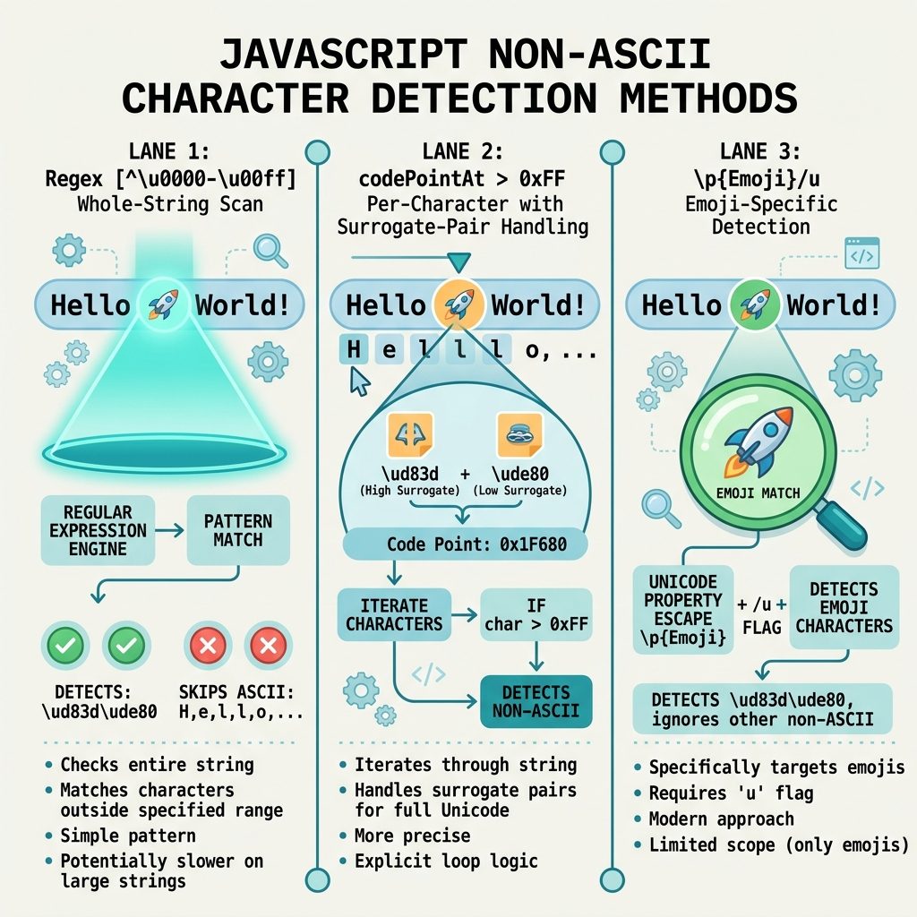 JavaScript check Unicode character — regex vs codePointAt vs Unicode property escape