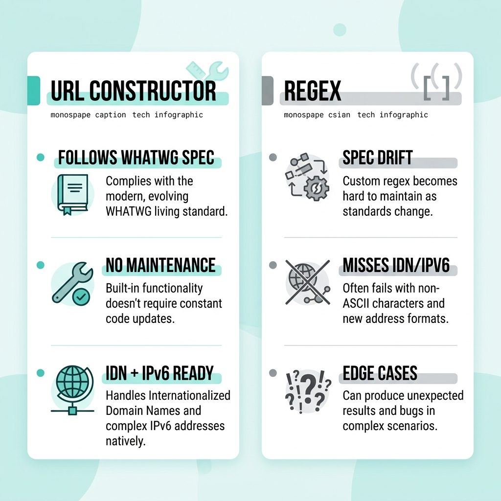 JavaScript check valid URL — URL constructor vs regex comparison