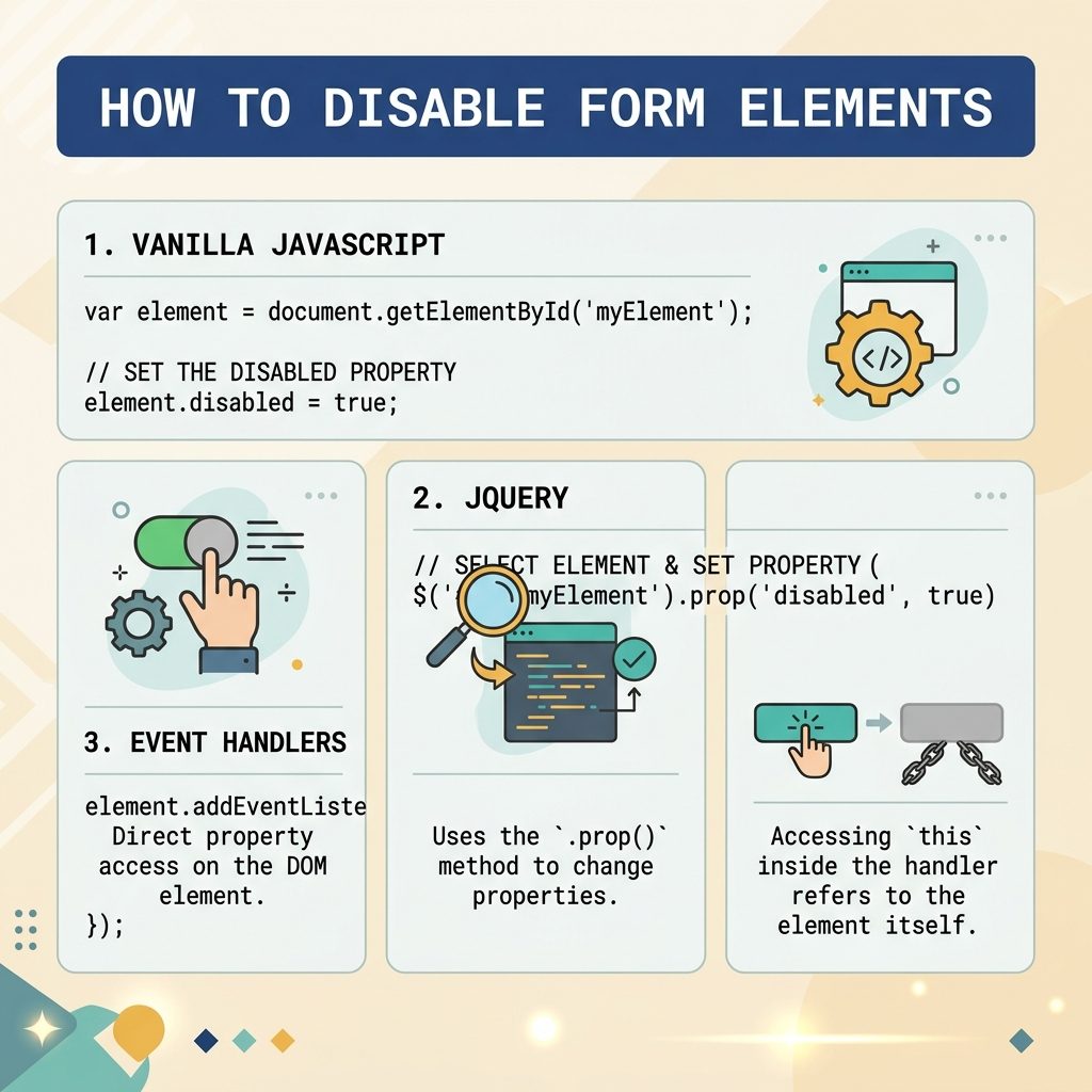Disable / enable input — vanilla JS .disabled, jQuery .prop, this.disabled in event handlers