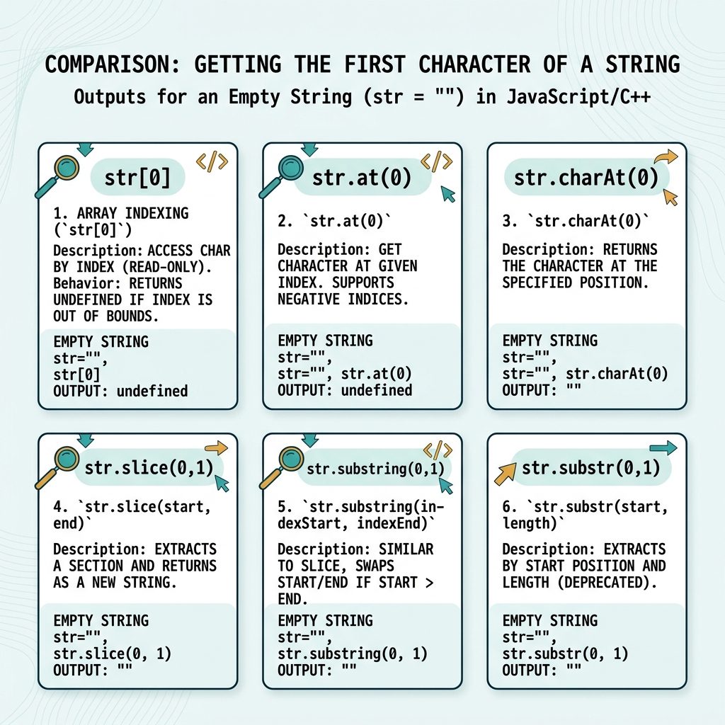 JS first character — bracket, at, charAt, slice, substring compared with empty string behavior