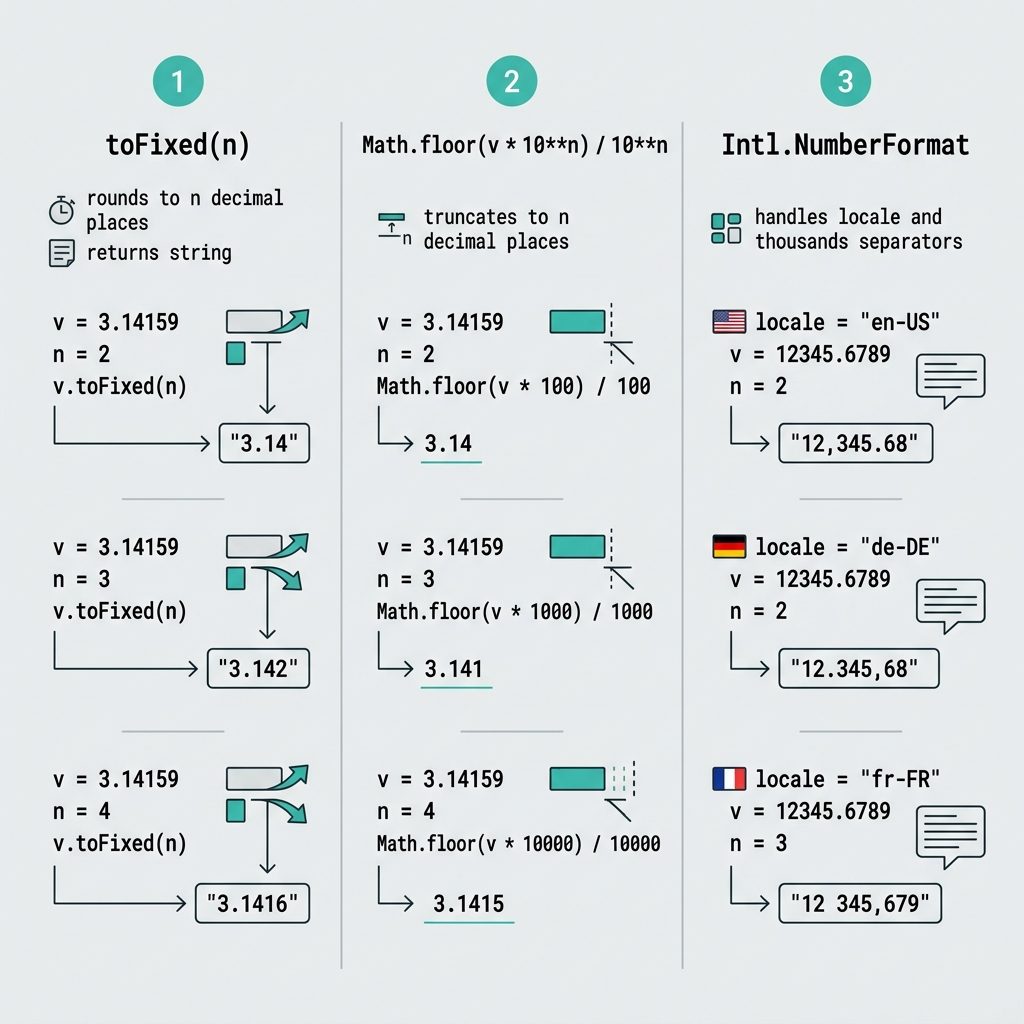 JavaScript format number with decimals — toFixed, Math.floor, and Intl.NumberFormat compared