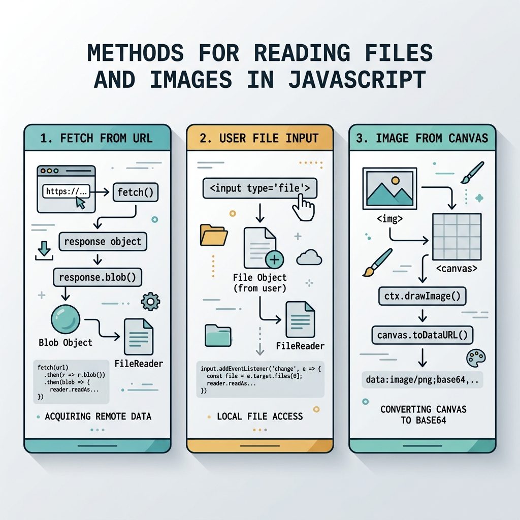 JavaScript image to base64 — fetch + FileReader, canvas + toDataURL, file input flow