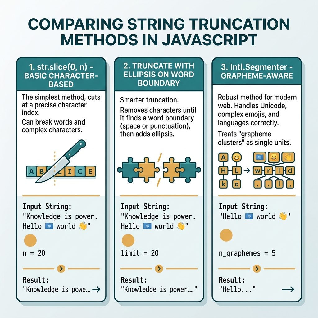 JS first N characters — slice, substring, ellipsis truncate, grapheme-aware variant