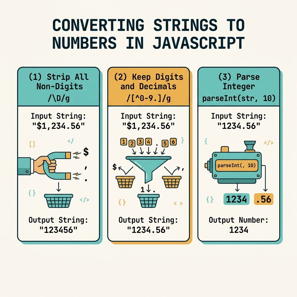 JS keep only digits — \\D regex, decimal+comma variants, parseInt conversion