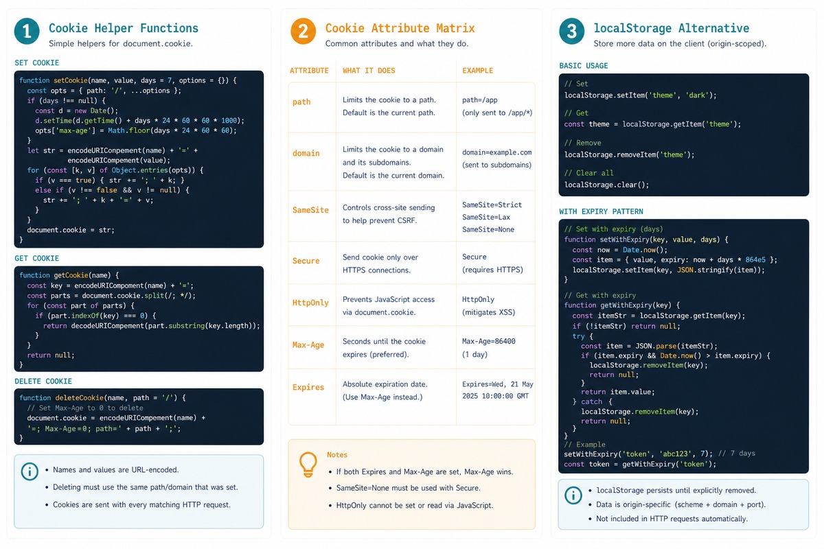 JS cookies — setCookie / getCookie / deleteCookie, attributes (path, SameSite, Secure), localStorage alternative