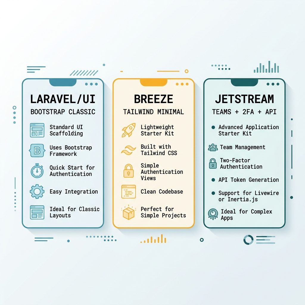 Laravel auth scaffolding — laravel/ui, Breeze, Jetstream compared