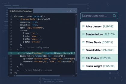 Laravel DataTables custom column search — filterColumn callback handles the search SQL