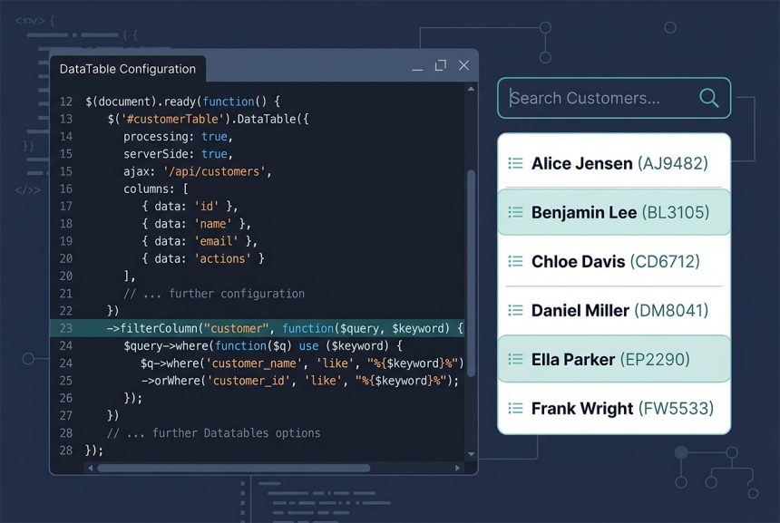 Laravel DataTables custom column search — filterColumn callback handles the search SQL