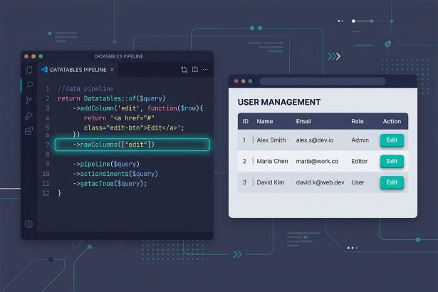 Laravel DataTables HTML column — rawColumns opt-out of the default escaping