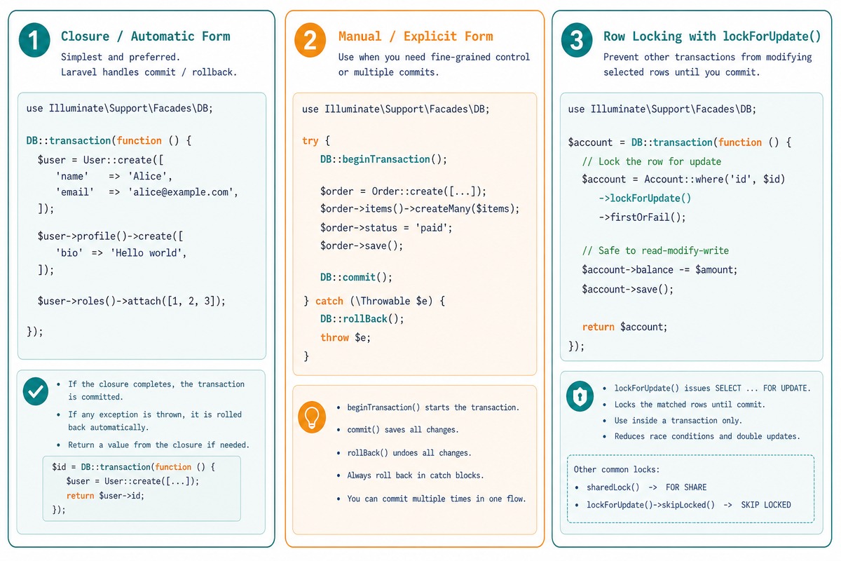 Laravel transactions — DB::transaction closure, beginTransaction/commit/rollBack, lockForUpdate, retry on deadlock