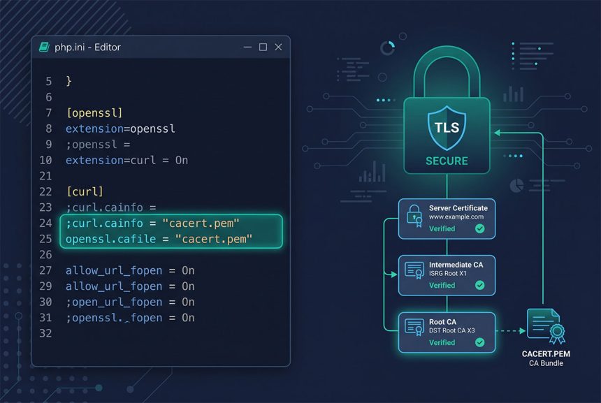 Laravel cURL error 60 SSL certificate problem — CA bundle wiring in php.ini