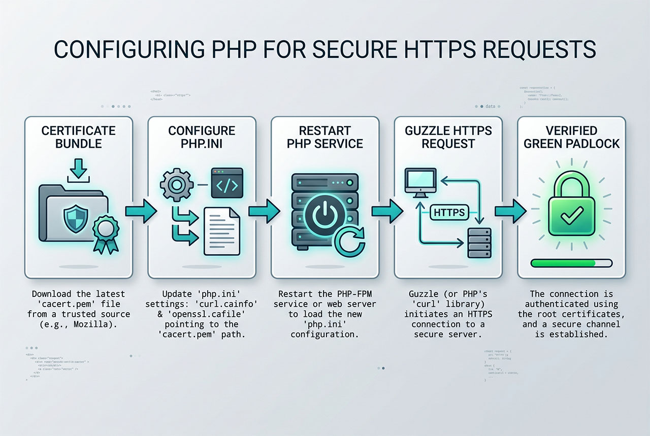 laravel curl error 60 — CA bundle path wiring from cacert.pem through php.ini to Guzzle