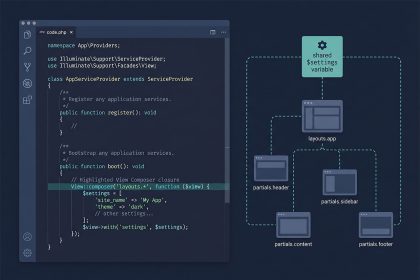 Laravel global variable for views — View::share in AppServiceProvider and View::composer wildcard patterns