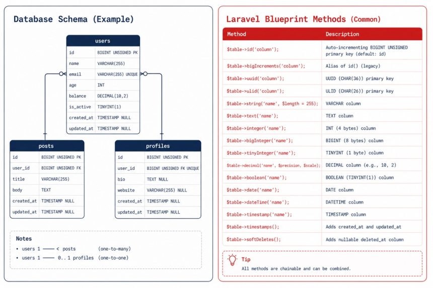 Laravel migration column types cheat sheet