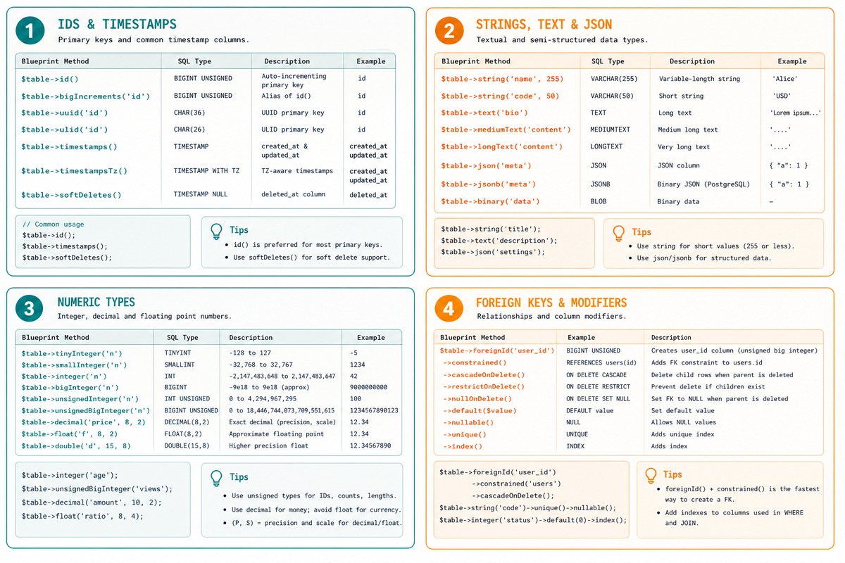 Laravel migration column types — ids, strings, numbers, foreign keys, timestamps, modifiers