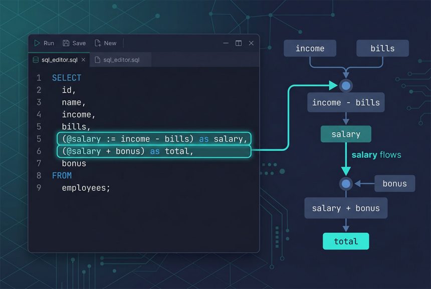 Laravel MySQL variable in select — @name := assignment chains values across select items