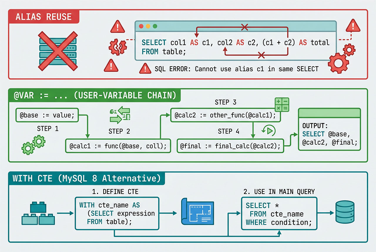 laravel mysql variable select — user variable assignment chains one value into the next
