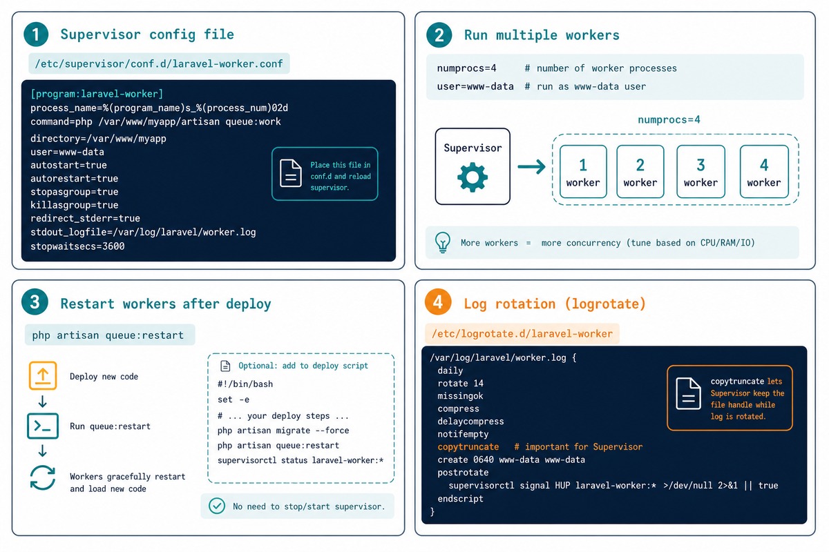 Laravel queue worker with Supervisor — config file, numprocs, graceful restart, log rotation