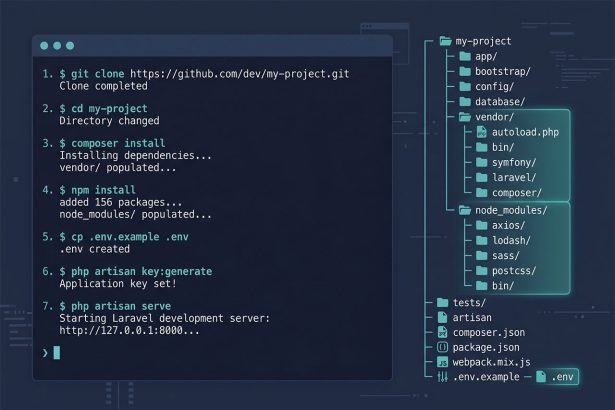 Laravel run project from GitHub — git clone through artisan serve pipeline
