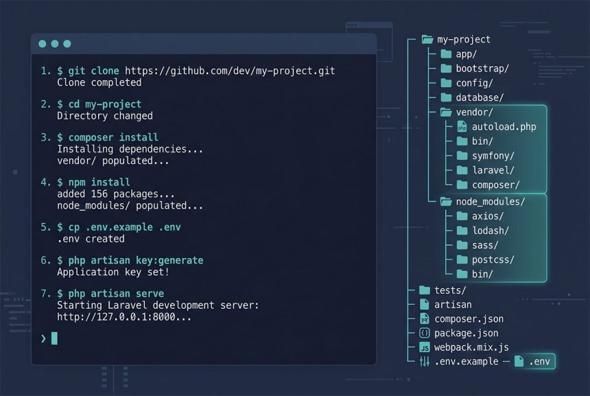 Laravel run project from GitHub — git clone through artisan serve pipeline