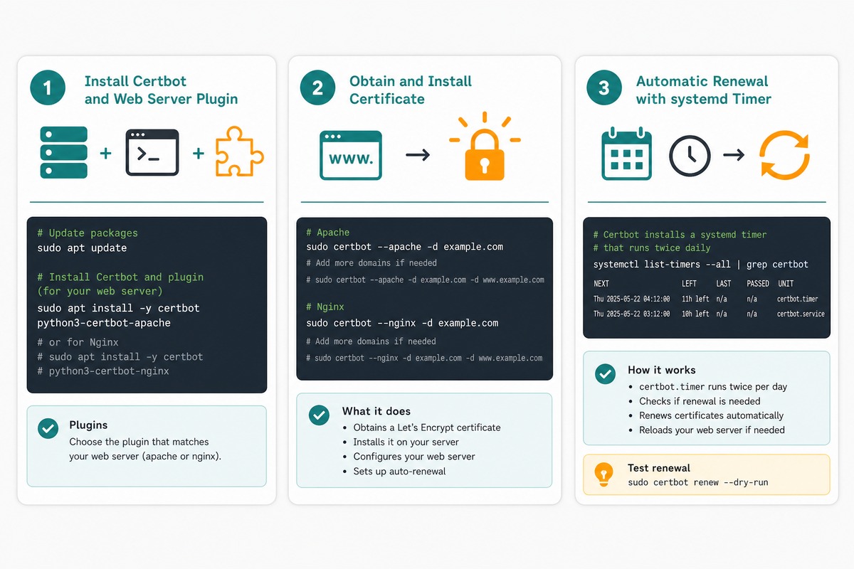 Let's Encrypt with Certbot on Ubuntu — install, run --apache or --nginx, auto-renew via systemd timer