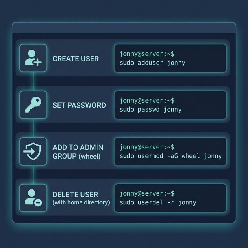Linux add and delete users from the terminal — adduser, passwd, sudo group, userdel