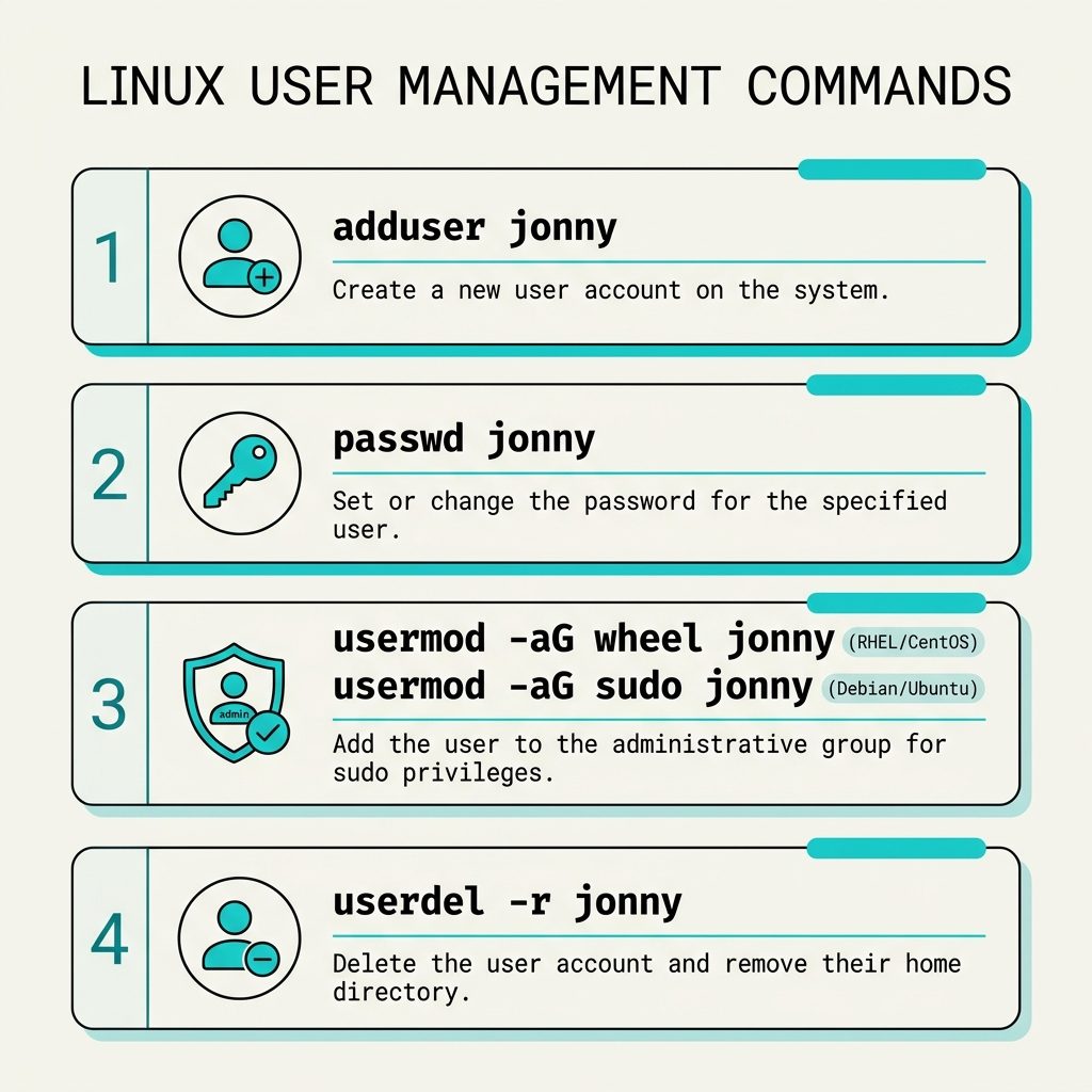 Linux add and delete users from terminal — adduser, passwd, usermod -aG, userdel -r
