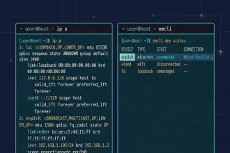 List network devices on Linux — ip a and nmcli output side by side