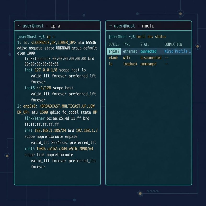 List network devices on Linux — ip a and nmcli output side by side