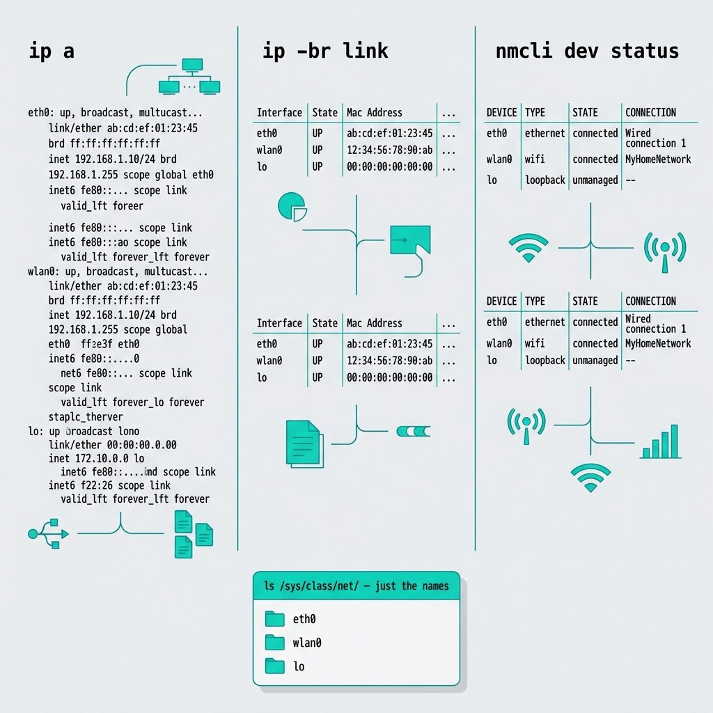 List network devices on Linux — ip a, ip -br link, nmcli dev status side by side