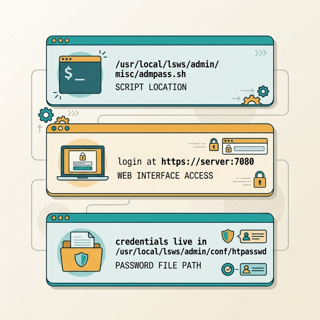 Reset LiteSpeed WebAdmin password — admpass.sh script, login at port 7080, htpasswd file location