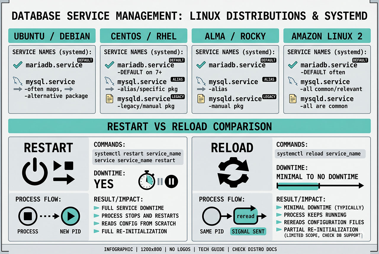 mariadb restart — systemctl commands across Linux distributions