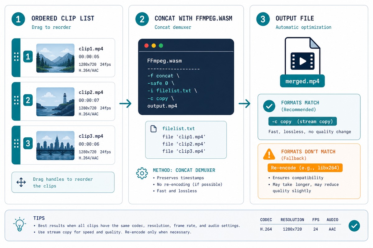 Video merging — clip list, FFmpeg.wasm concat, stream-copy vs re-encode