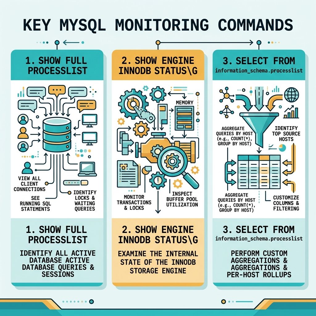 MySQL 100% CPU triage — SHOW PROCESSLIST, INNODB STATUS, processlist per host