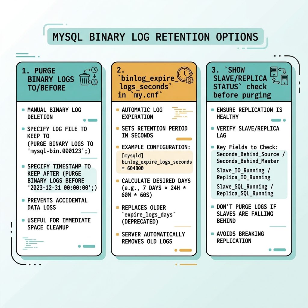 MySQL binary logs — purge by file/date, automatic expiry, replica safety check