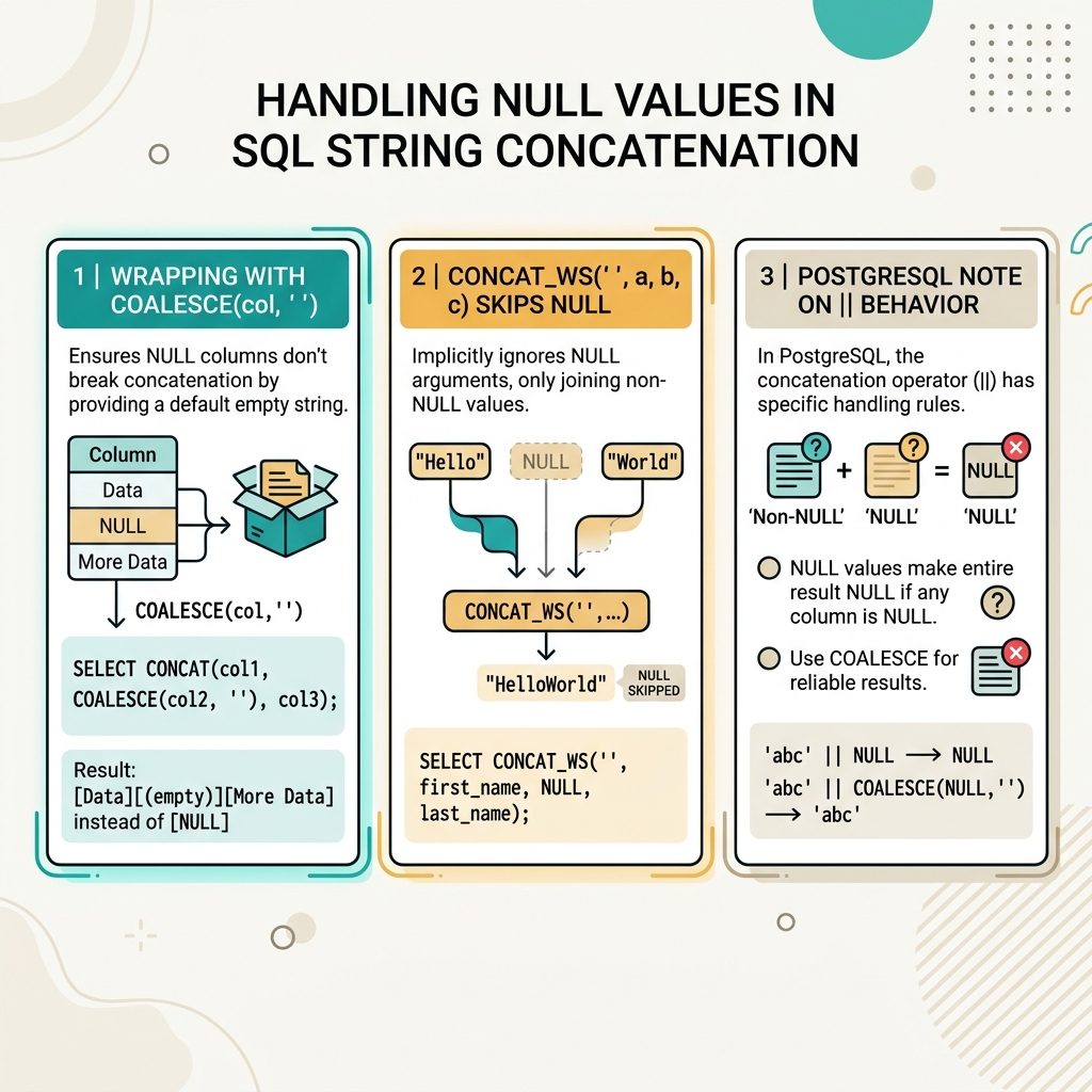 MySQL CONCAT NULL fix — COALESCE wrap, CONCAT_WS skip, || operator