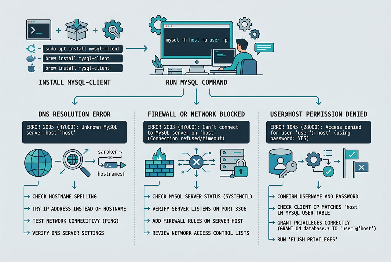 mysql connect remote ubuntu — client install, connect command, and three common failure causes