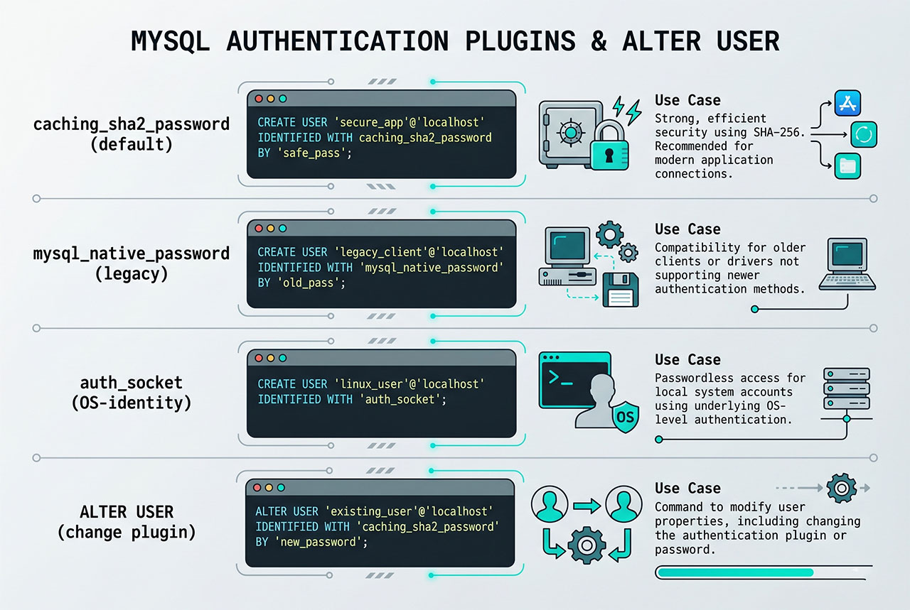mysql create user — four auth plugin variants and scoped GRANT