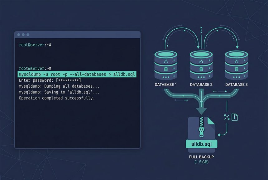 mysqldump all databases — export and import commands