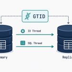 MySQL primary and replica database cylinders connected by replication arrows