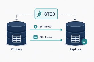 MySQL primary and replica database cylinders connected by replication arrows