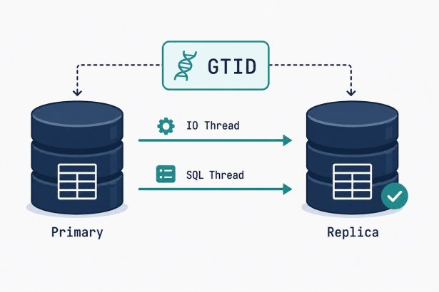 MySQL primary and replica database cylinders connected by replication arrows