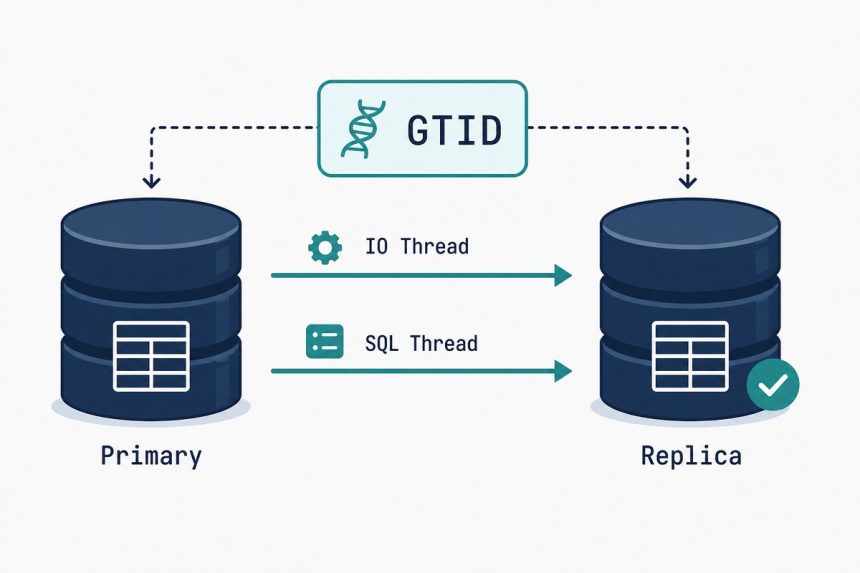 MySQL primary and replica database cylinders connected by replication arrows
