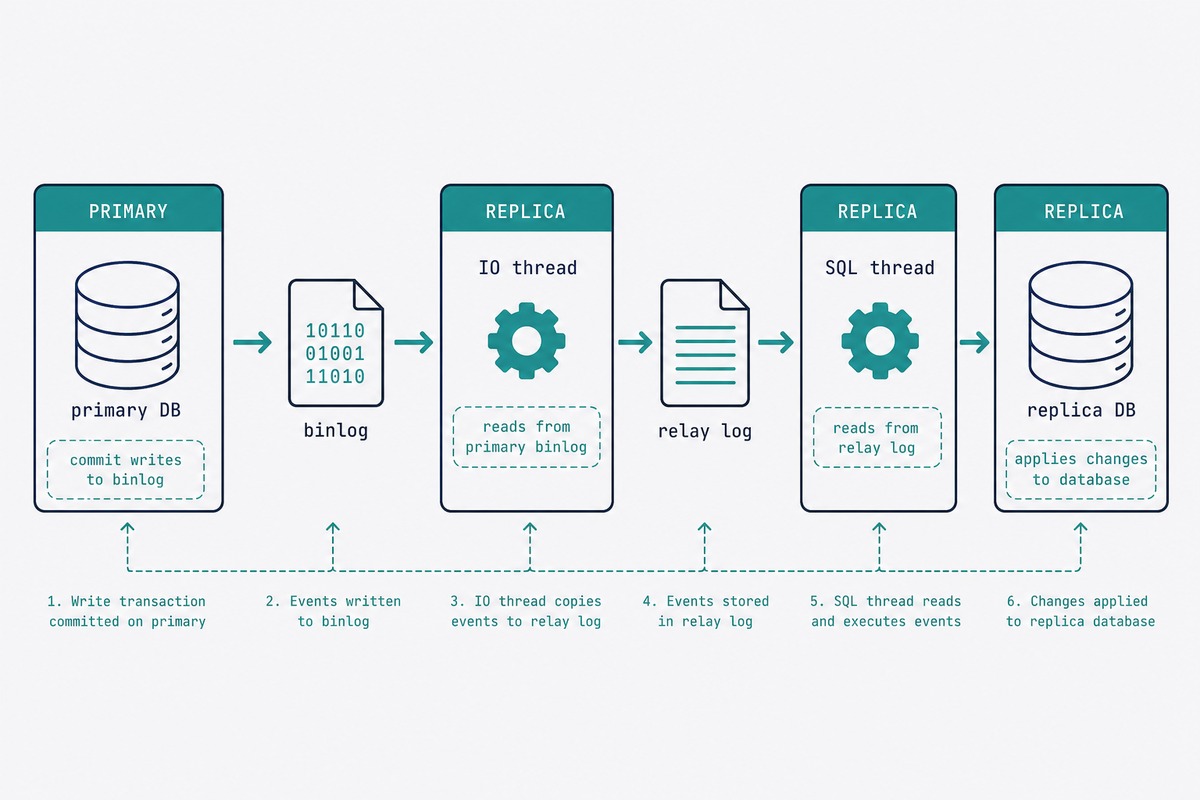MySQL replication topology — primary writes binlog, replica reads via IO+SQL threads, GTID tracks position