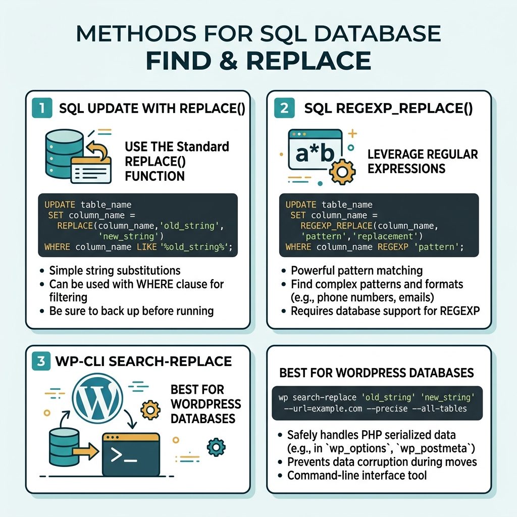 MySQL REPLACE in UPDATE — basic syntax, WHERE LIKE filter, REGEXP_REPLACE, WordPress serialized warning
