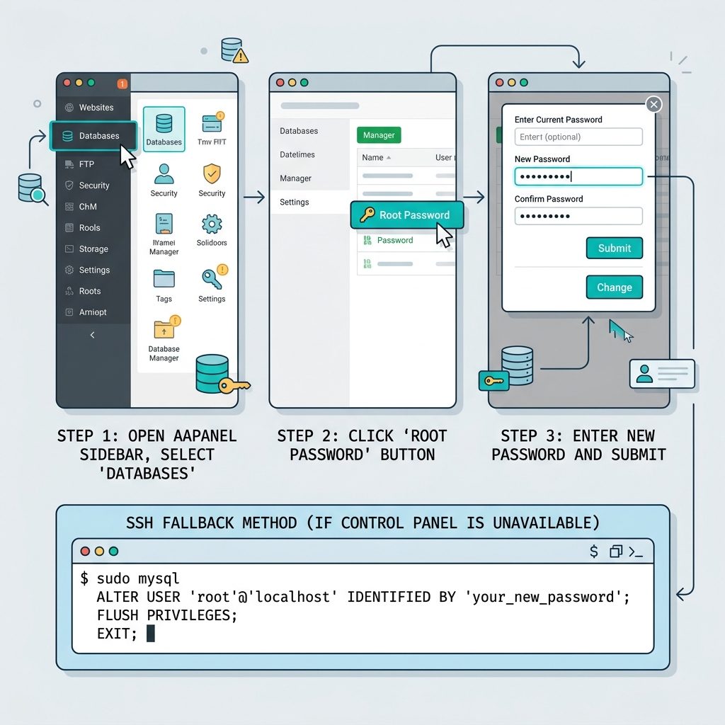 aapanel mysql root password reset — sidebar, databases, root password button