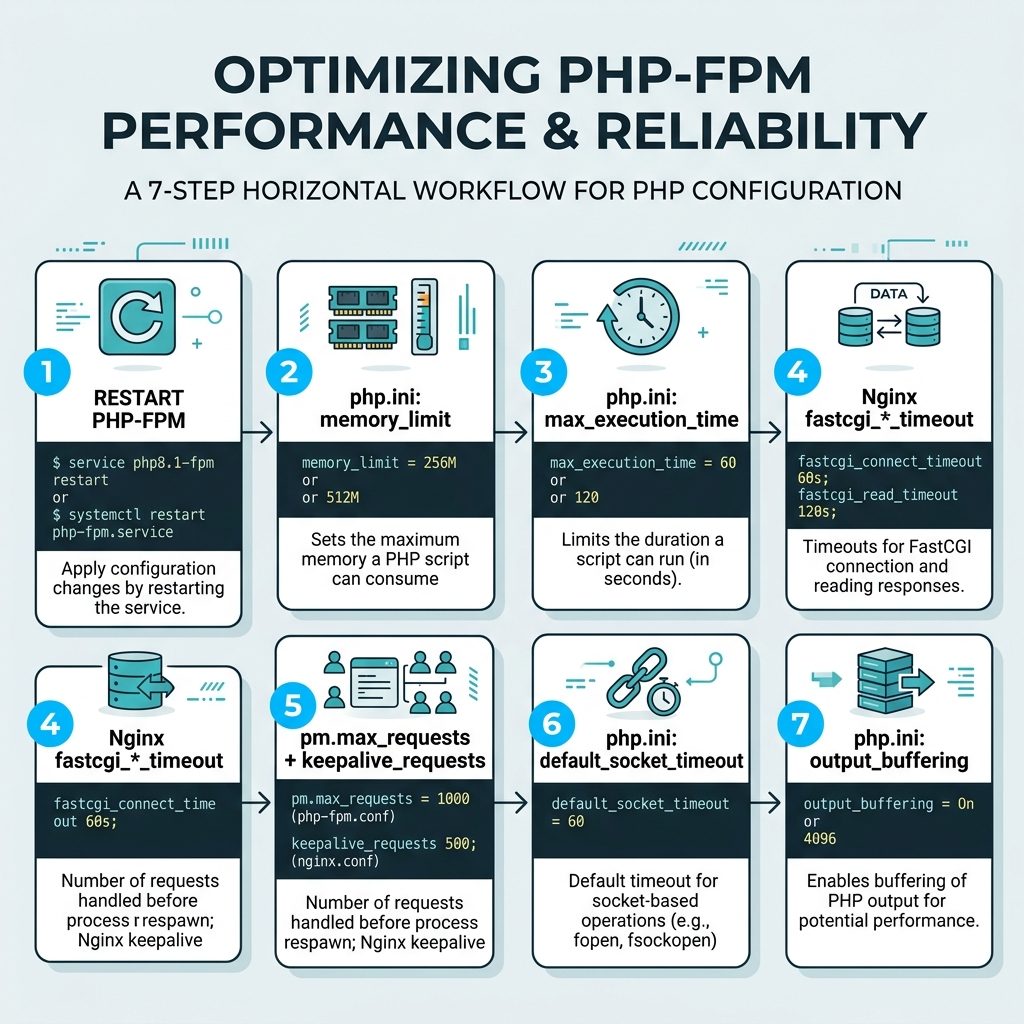 Nginx recv() failed 104 connection reset by peer — fix flow through PHP-FPM memory, timeouts, worker recycling