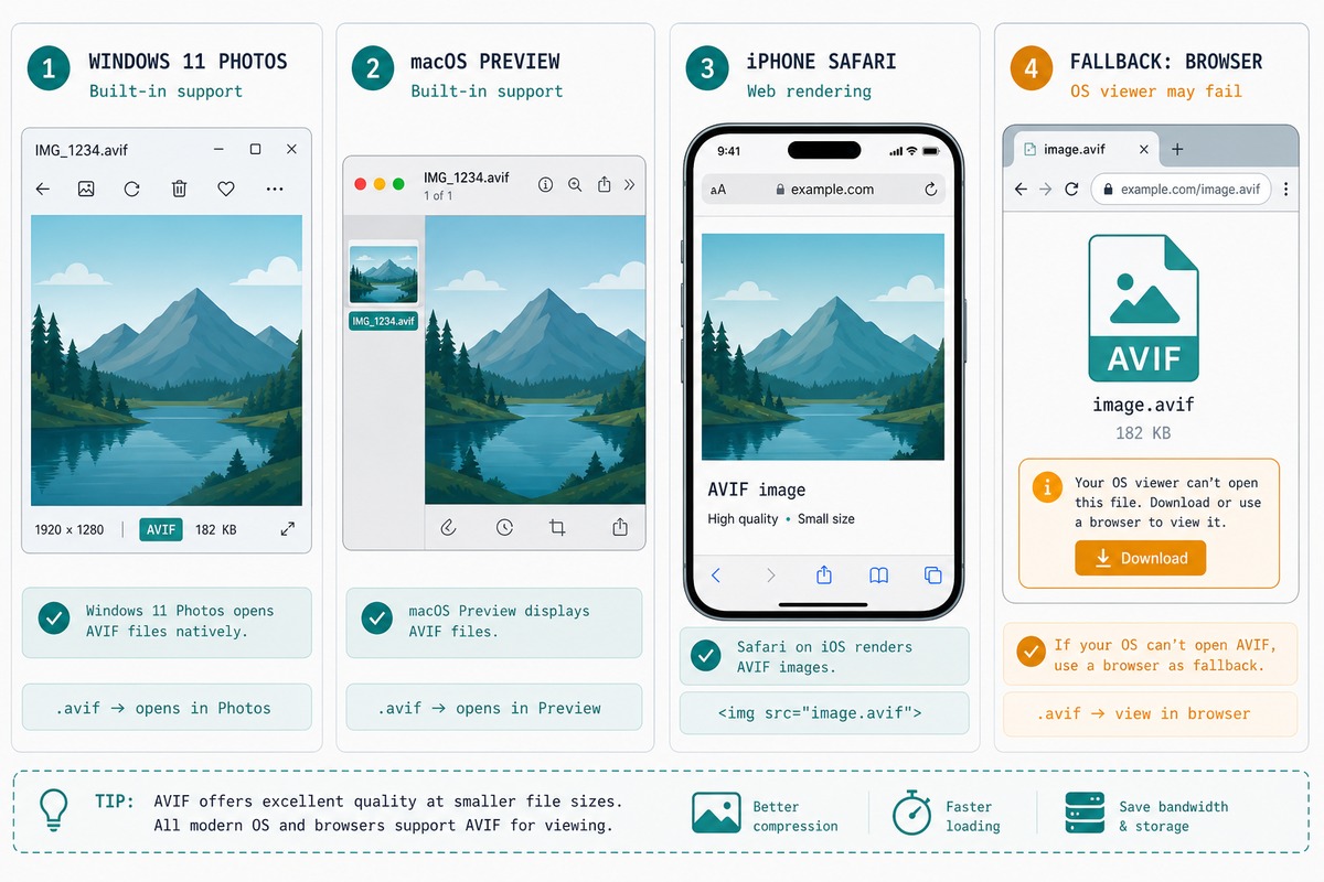 Open AVIF — Windows 11 Photos, macOS Preview, iPhone Safari, Android Files